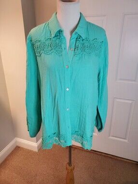 Susan Graver PURE Regular Cotton Gauze Button Front Tunic With Lace Trim